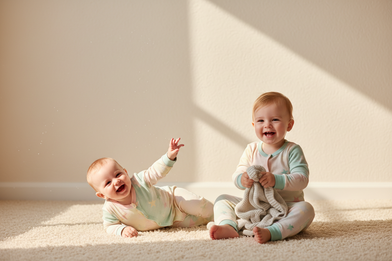 Baby and toddler in pastel pajamas